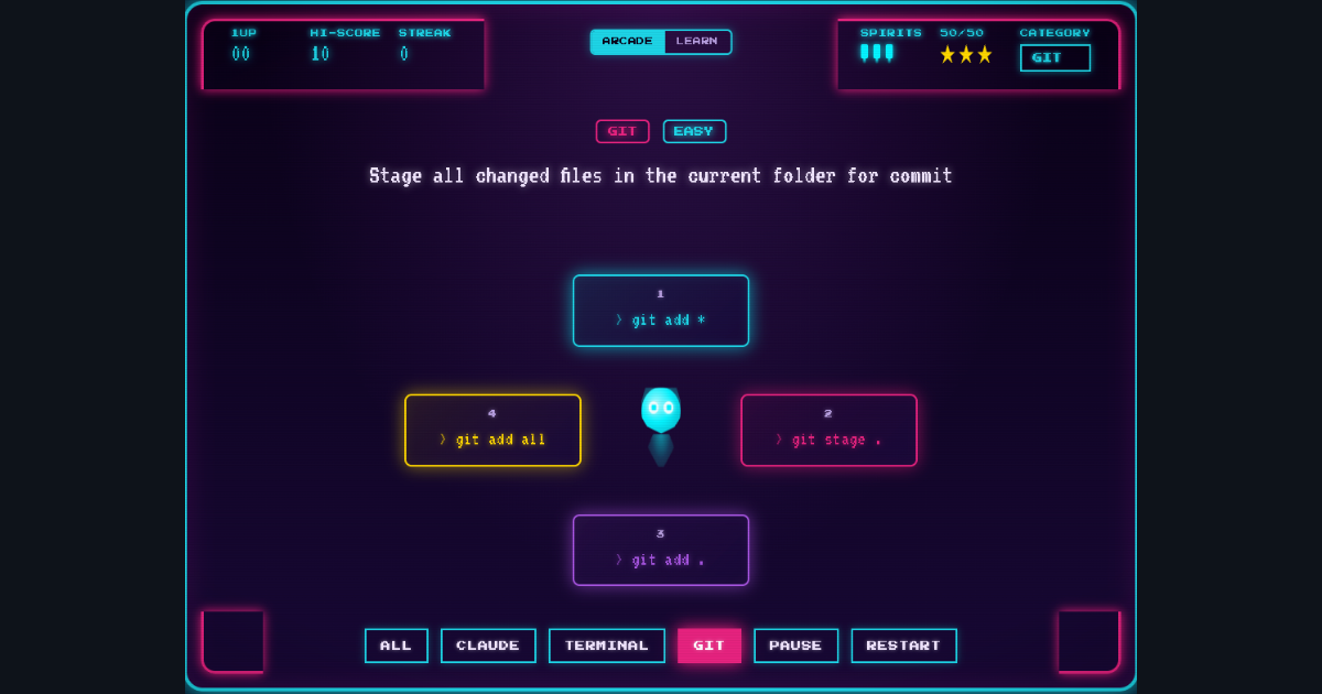 Ghost Code arcade round — the Phantom hovering between four git-command answer cards for staging changed files, with the spirits and score HUD