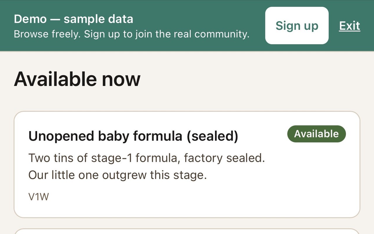 Mutual Mesh marketplace feed — a 'Demo — sample data' banner over neighbourhood resource listings, each tagged Available with a neighbourhood-level FSA code