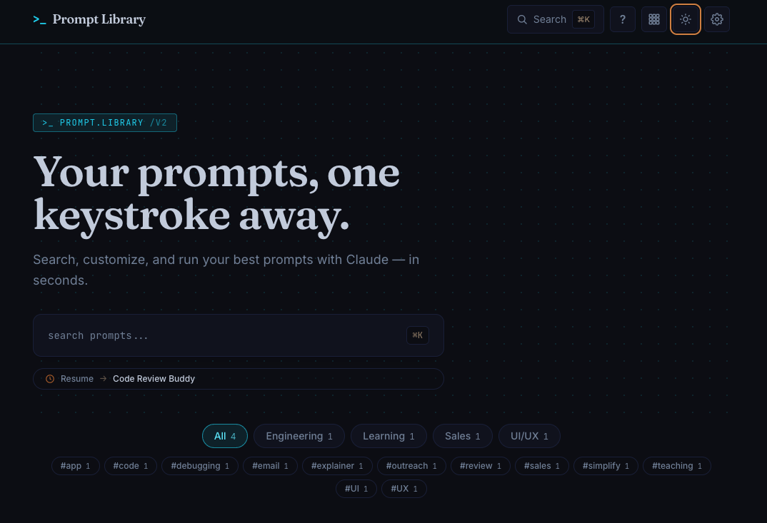 Prompt Library V2 landing — 'Your prompts, one keystroke away', a prompt search box, and category filters